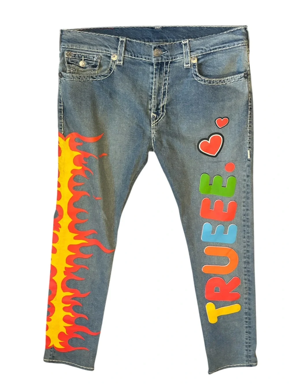True Religion x Chief Keef Super T Skinny Flame Graphic Denim Jeans Size 40